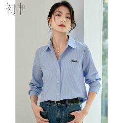 初申 春秋长袖衬衫女蓝色条纹刺绣翻领气质通勤休闲衬衣上衣S143C2014