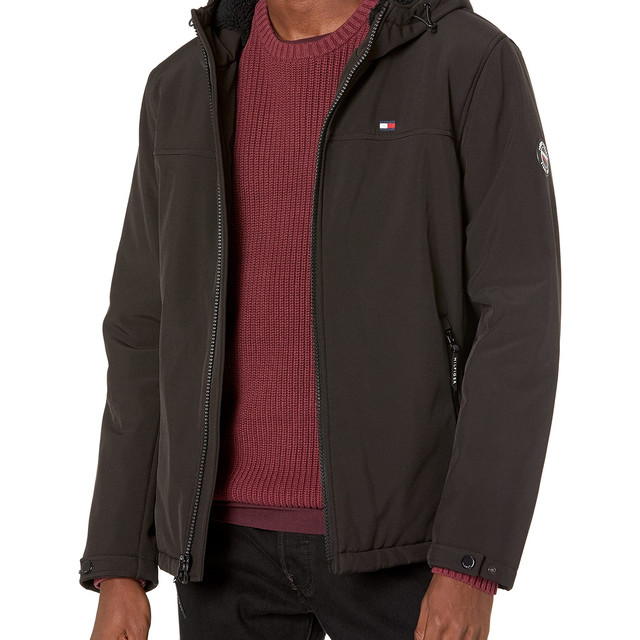 移动专享、移动端：TOMMY HILFIGER 男士加绒软壳连帽开衩夹克 全羊毛绒衬里 新款黑色