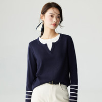 INMAN/茵曼 撞色条纹拼接假两件 女士毛衣 宝蓝色