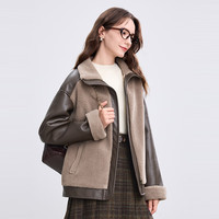 百图 【仿羊羔绒拼接PU皮】女士短外套暖而不肿优雅干练两不误春日早晚温差轻松应对2411T62