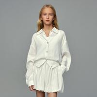 ELLE kids 女童翻领短款莱赛尔亚麻法式长袖衬衫童装春季新款休闲百搭上衣