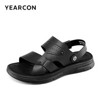 意尔康 男鞋 凉鞋男夏季牛皮休闲沙滩鞋男露趾透气套脚两穿凉拖鞋男 黑色 41
