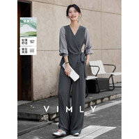梵希蔓 通勤职场套装女春新款v领绑带上衣阔腿长裤两件套 灰色 L
