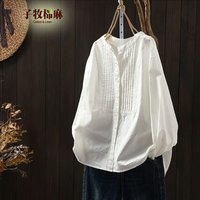 子牧棉麻 2026春装 风琴褶皱 女士衬衫宽松长袖简约休闲百搭立领气质衬衣 白色