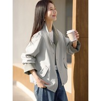 XWI 欣未撞色立领工装风外套女春季下摆抽绳可调节浅春系穿搭上衣