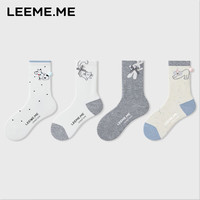 粒米 女士中筒袜 可爱小动物抗菌休闲袜 4双装