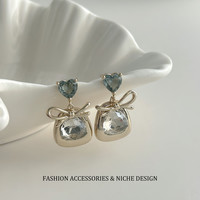 半日逅屿 新款爆款蝴蝶结锆石耳环甜美花朵贝壳猫眼气质轻奢风百搭时尚耳饰 咖啡金蝴蝶结锆石耳环