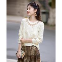 熙世界sllsky 熙世界 蕾丝长袖T恤春秋镂空宽松显瘦上衣女t