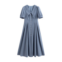 初语 彼得潘领减龄连衣裙女2025夏季新款收腰A字型垂感通勤裙 湛蓝色