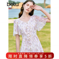 百图 女装夏季新款连衣裙V领碎花显瘦飞飞袖连衣裙女2304T82 淡紫