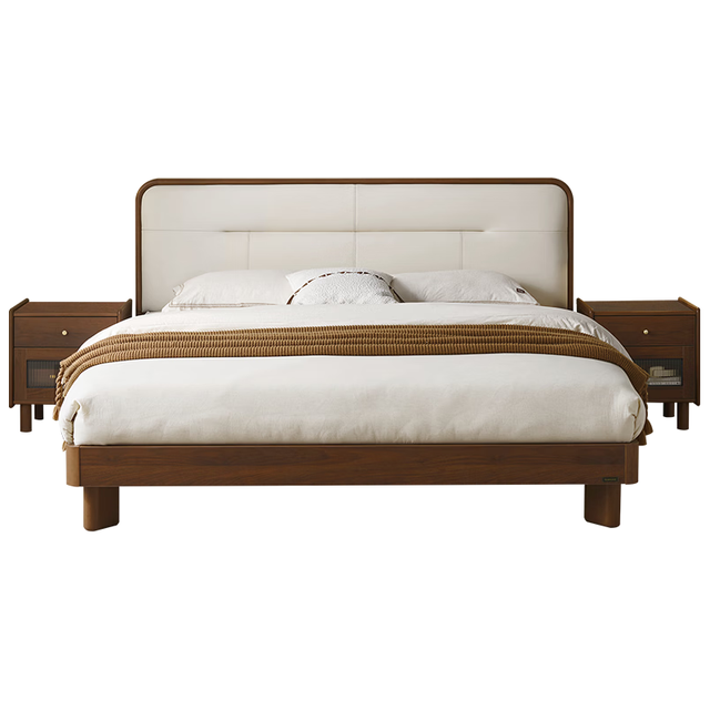 全友 实木框架皮艺软包 新中式实木软包床+床头柜 1.5米x2米