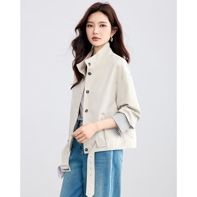 TERRE BLEUE 格纹拼接短款立领夹克外套女2026春秋季新款户外防风宽松百搭上衣