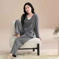 玛伦萨 免穿文胸100%纯棉睡衣女春秋长袖套装宽松带胸垫可外穿家居服