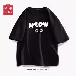 名创优品 短袖t恤男款夏季黑色内搭小猫大码半袖宽松重磅纯棉衣服Y