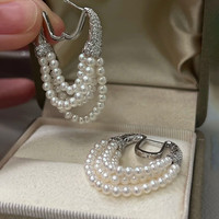 半日逅屿 锆石多层珍珠马蹄扣流苏耳扣法式时尚简约百搭耳环轻奢高级感耳饰 耳扣-银色