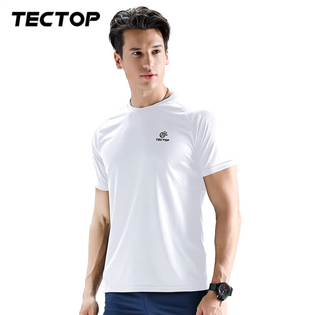 探拓 圆领短袖T恤 运动户外夏季轻薄透气快干上衣 情侣款t恤 男款白色