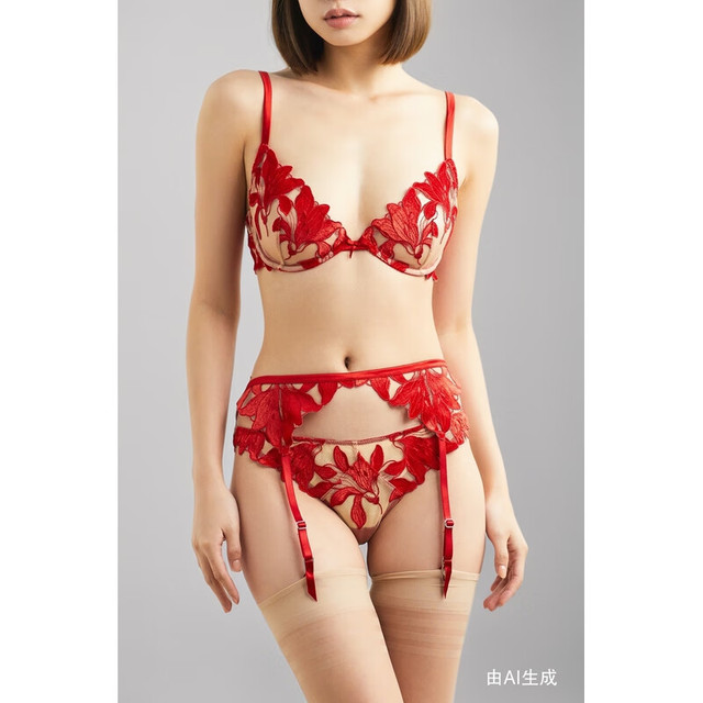 Fleur du Mal 女天鹅绒丝绒刺绣绢网吊袜腰带 红色3