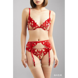 Fleur du Mal 女天鹅绒丝绒刺绣绢网吊袜腰带 红色3