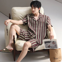 雅鹿男士纯棉睡衣女带胸垫夏季新款短袖短裤开衫翻领可外穿情侣家居服