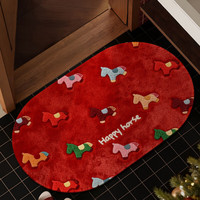 1 2026新款马年仿亚麻编织浴室地垫家用吸水防滑脚垫卫生间厕所门垫 萌趣彩驹-红-椭圆 40*60cm(高密仿亚麻)