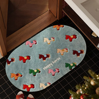 1 2026新款马年仿亚麻编织浴室地垫家用吸水防滑脚垫卫生间厕所门垫 萌趣彩驹-蓝-椭圆 40*60cm(高密仿亚麻)