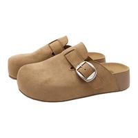 西遇 厚底勃肯鞋 圆头一脚蹬外穿增高半拖 卡其