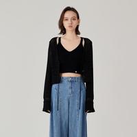摩萨克 商场同款 摩萨克夏法式喇叭袖镂空系带修身V领针织开衫女