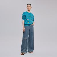 限尺码：有兰 休闲圆领马戏团绣花宽松长袖针织毛衣女