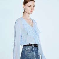 COVERINS 影儿COVERINS张婧仪同款夏季蓝色荷叶边桑蚕丝长袖衬衫女