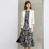颜域 春夏季通勤七分袖西装外套连衣裙套装女