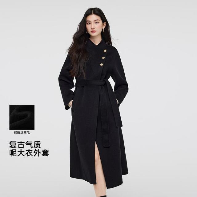 Five Plus 冬季防风精致毛呢系带收腰显瘦复古时尚气质女式大衣