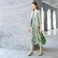 颜域 春七分袖西装外套印花连衣裙套装女