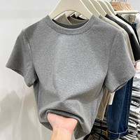 谷蝶 欧洲站圆领纯色短袖t恤女半袖夏季新款高级感修身显瘦正肩上衣潮