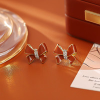 洛梵欣饰 港风蝴蝶结锆石耳钉 S925银针 美拉德咖色