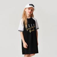 ELLE kids 夏季女童短袖连衣裙插肩运动字母T恤裙子宽松