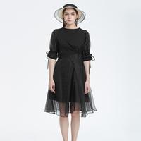 S.DEER 女士都市通勤收腰网纱拼接短袖连衣裙