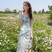 三彩 独醒系列荷叶边印花雪纺裙连衣裙度假长裙F