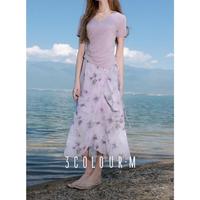 三彩 荷叶边 印花雪纺半身裙A字裙荷叶边一片式长裙