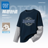 真维斯童装 JEANSWEST JNR 真维斯童装男童纯棉长袖T恤2026新款儿童假两件上衣中大童春季薄款内搭秋衣 藏蓝/J真维斯 150