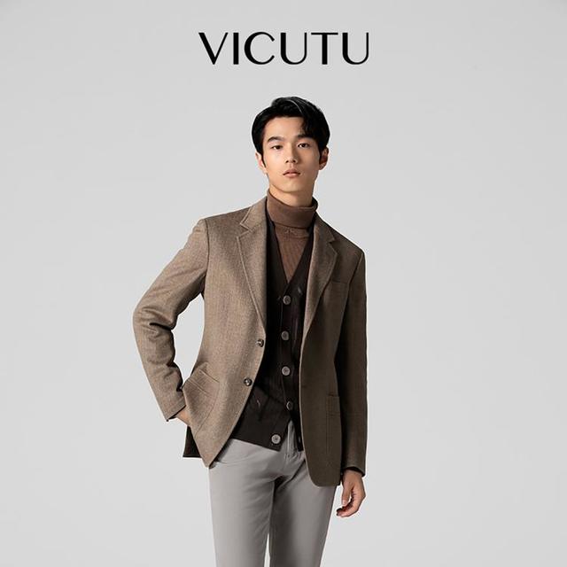 威可多 男士休闲西服 羊毛桑蚕丝混纺修身商务西装外套