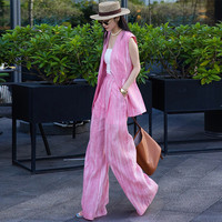 夏季减龄一整套穿搭女2025新款粉色时尚气质西装马甲阔腿裤两件套
