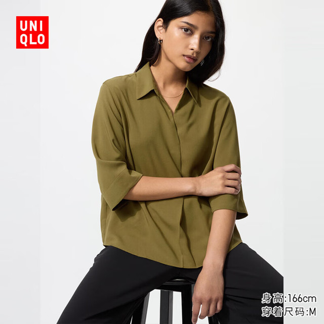 优衣库 7分袖 女士衬衫 56 橄榄色