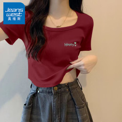 真维斯 女士夏季100%纯棉透气方领修身短袖
