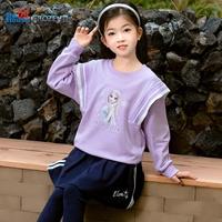 迪士尼 女童水军风卫衣套装学院风卫衣打底裤裙两件套春装