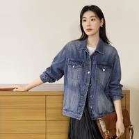 DUIBAI 春秋复古水洗女式牛仔外套翻领夹克上衣