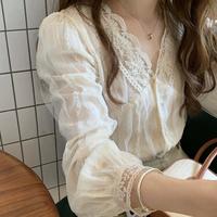 帕兰朵 超仙蕾丝衫V领衬衫法式叠穿独特绝美小上衣韩系气质温柔长袖打底