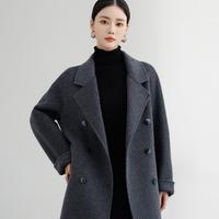 粉蓝衣橱 经典双排扣毛呢大衣女秋冬羊毛双面呢外套