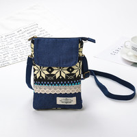 QUEEN TRIP 新款民族风布艺小包包挂脖手机袋迷你零钱包手机包斜挎包女潮 民族蓝