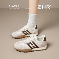 则则 头层猪皮德训鞋女2026新款潮流轻便女鞋拼色软底运动鞋女 米杏 37