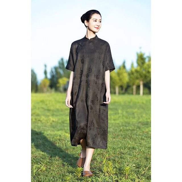 知筆墨 桑蚕丝花罗真丝香云纱连衣裙莨绸中式立领宽松袍子长裙 黑色提花 L